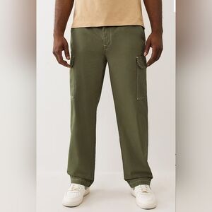 True Religion Cargo Pants Size 36 Mens Green Straight Leg Grunge Thick Stitch